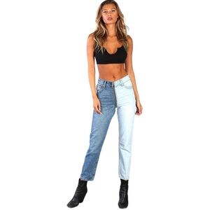 NWOT - Revice Yin Yang High Waisted Two-Tone Full Zipper Crop Jeans Tokyo Wash